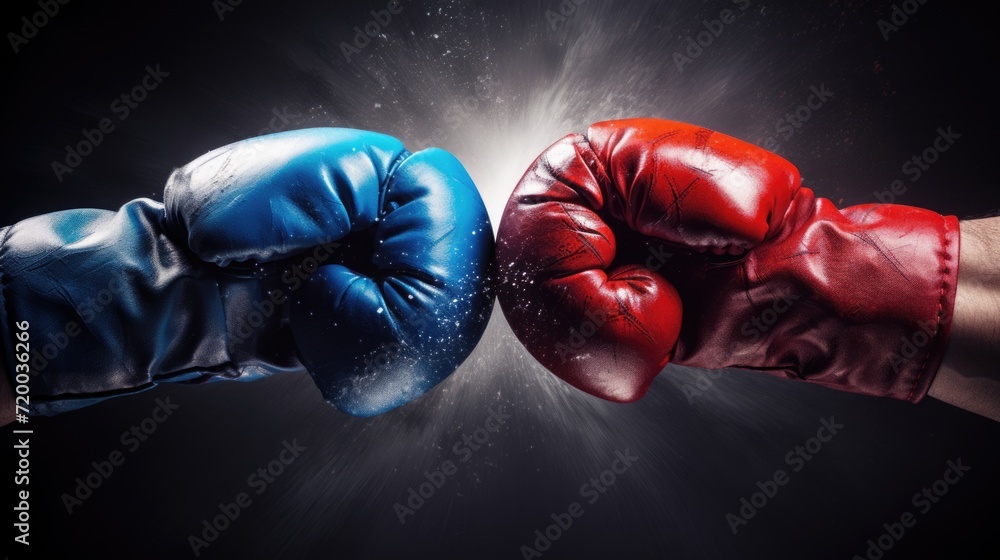 Closeup two man hands in red and blue boxing gloves hitting each other on isolated dark misty background - obrazy, fototapety, plakaty 