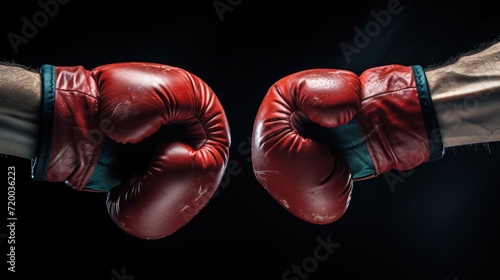 Closeup two man hands in red boxing gloves hitting each other on isolated black background © GulArt
