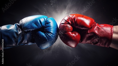 Closeup two man hands in red and blue boxing gloves hitting each other on isolated dark misty background photo