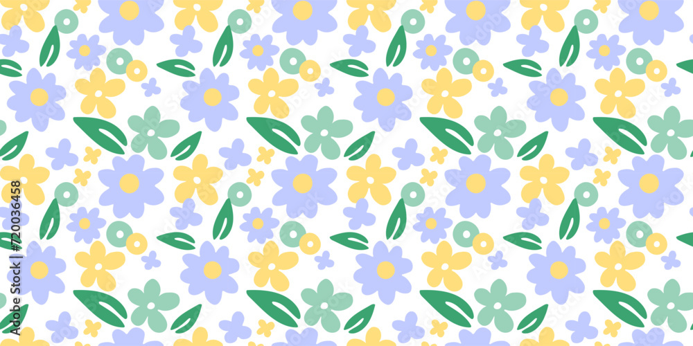 Trendy floral seamless pattern illustration. Colorful pastel  backdrop with daisy flower