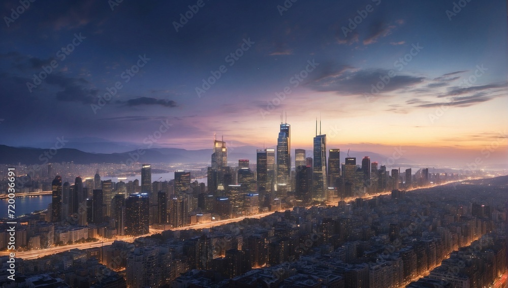 A cityscape at twilight, capturing the transition from day to night with lights beginning to twinkle in the buildings Generative AI