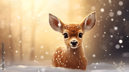 Watercolor illustration of a small cute deer in a winter forest