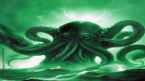In this video, a giant invertebrate capable of destroying ships, or a Kraken, or a Sea Monster known as Leviathan, is surfacing above the ocean waters, and revealing its massive size to the sky.