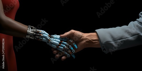 Human meets AI in a symbolic handshake. the future of technology and partnership. human-robot collaboration imagery. AI