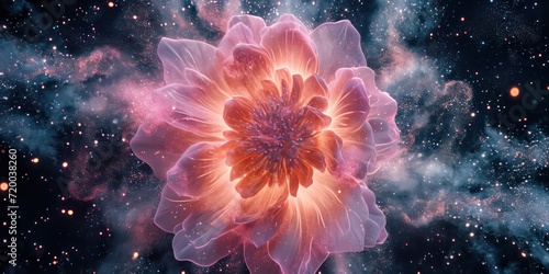 Holographic projection of a delicate flower, surrounded by a mesmerizing cloud of radiant particles, all set against a velvety black backdrop. photo