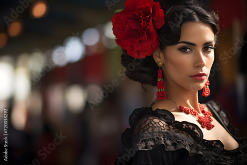 Woman dressed as flamenco for the April fair in Seville