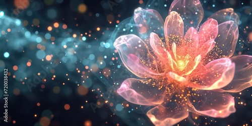 Holographic projection of a delicate flower, surrounded by a mesmerizing cloud of radiant particles, all set against a velvety black backdrop.