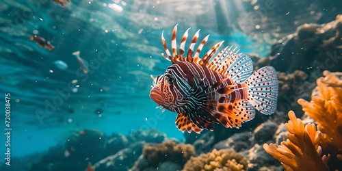 Vibrant lionfish swimming in sunlit coral reef seascape. underwater beauty captured. ideal for marine-themed designs. stock image. AI photo