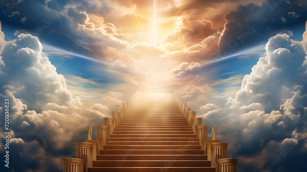 Light in a dark sky. Stairway to Heaven. Religion for man. The path to heaven. Religious background. Transition to another world. Life after death Staircase through the clouds to the heavenly light.