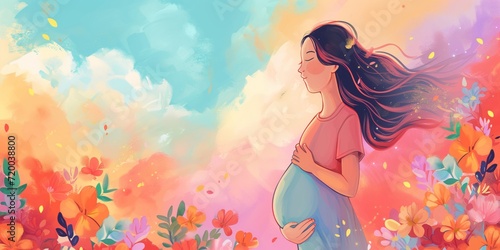 Maternal Embrace: Hand-Drawn Illustration of a Serene Pregnant Woman with Flowers and Clouds - Psychological and Philosophical Art