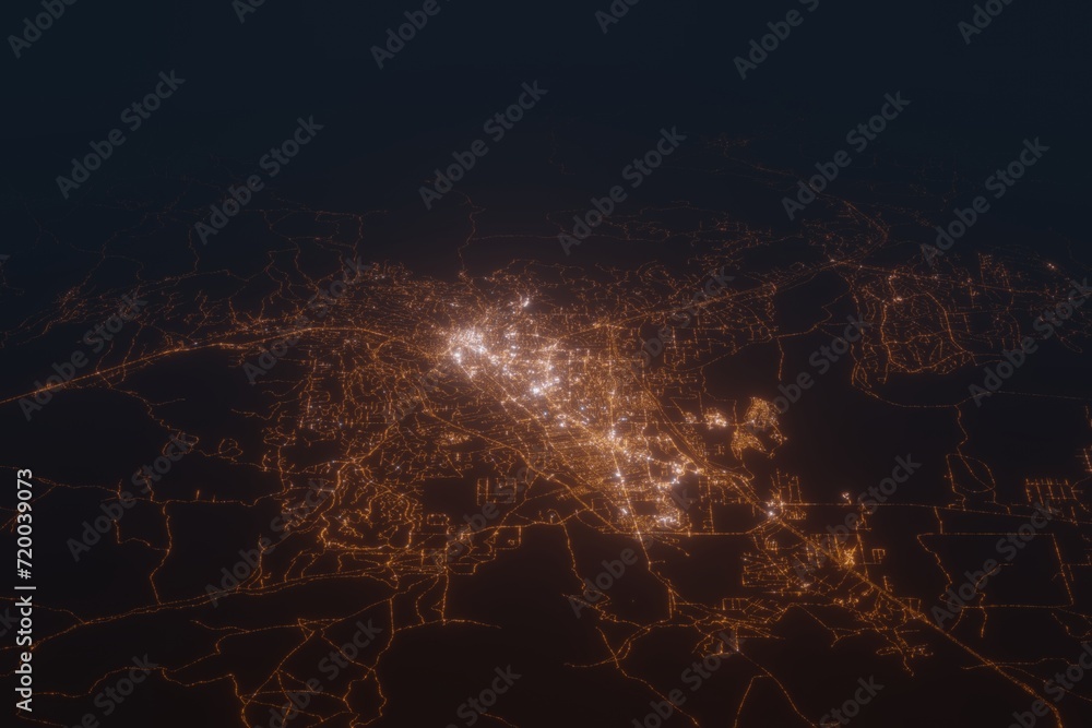 Obraz premium Aerial shot on Santa Fe (New Mexico, USA) at night, view from west. Imitation of satellite view on modern city with street lights and glow effect. 3d render