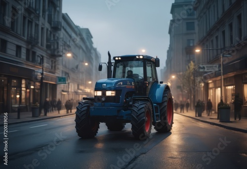 Blue tractor on the road with front loader up in the air buildings within background city © Алексей Ковалев