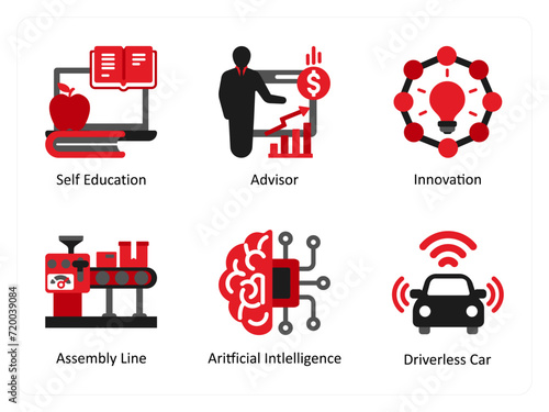 Six Education icons in red and black as self education, advisor, innovation
