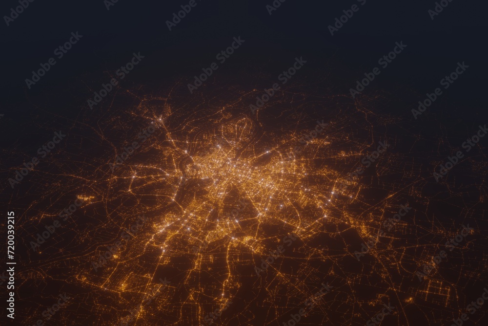 Aerial shot on Wroclaw (Poland) at night, view from west. Imitation of satellite view on modern city with street lights and glow effect. 3d render