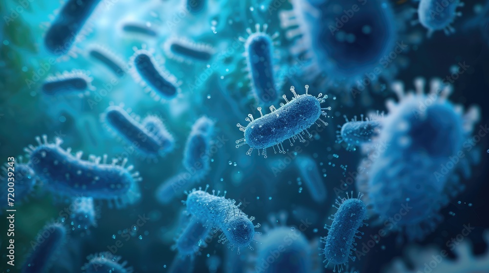 Macro close up shot of blue bacteria and virus cells in a scientific laboratory Macro close up shot of blue bacteria and virus cells in a scientific laboratory
