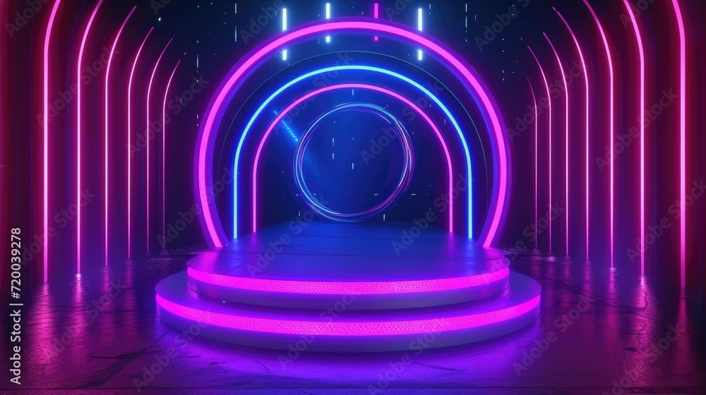 3d futuristic digital podium with blue and pink line neon lamps 3d futuristic digital podium with blue and pink line neon lamps