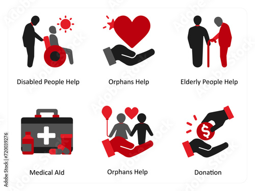 Six Medical icons in red and black as disabled people help, orphans help, elderly people help