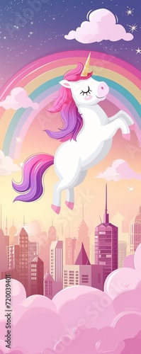 Hand-Drawn Unicorn Soaring over Rainbow with Pink Clouds and Cityscape Below - Fantasy Wallpaper Illustration
