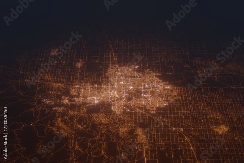 Aerial shot of Bakersfield (California, USA) at night, view from north. Imitation of satellite view on modern city with street lights and glow effect. 3d render