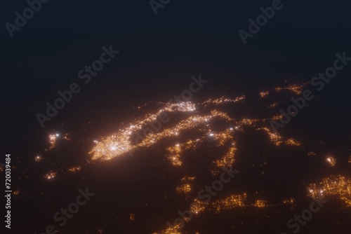 Aerial shot on Bay Area (California, USA) at night, view from east. Imitation of satellite view on modern city with street lights and glow effect. 3d render
