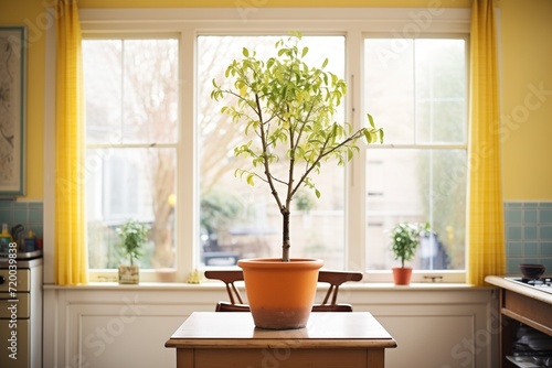 lemon tree in a pot by a french window in a dining room photo