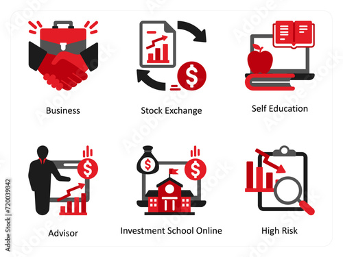 Six Business icons in red and black as business, stock exchange, self education