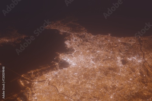 Aerial shot of Yokohama (Japan) at night, view from north. Imitation of satellite view on modern city with street lights and glow effect. 3d render