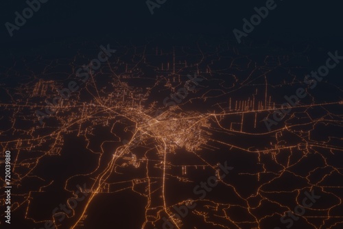 Aerial shot on Alexandria (Louisiana, USA) at night, view from west. Imitation of satellite view on modern city with street lights and glow effect. 3d render photo