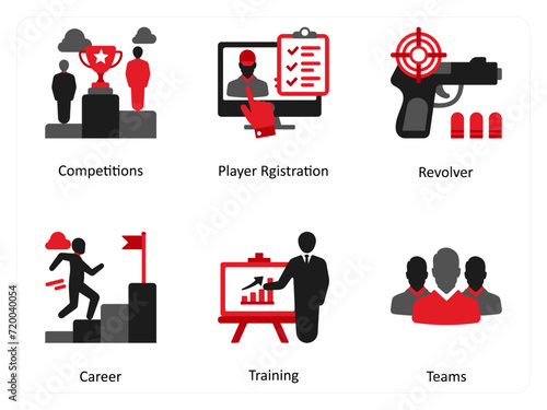 Six Games icons in red and black as competitions, player registraton, revolver