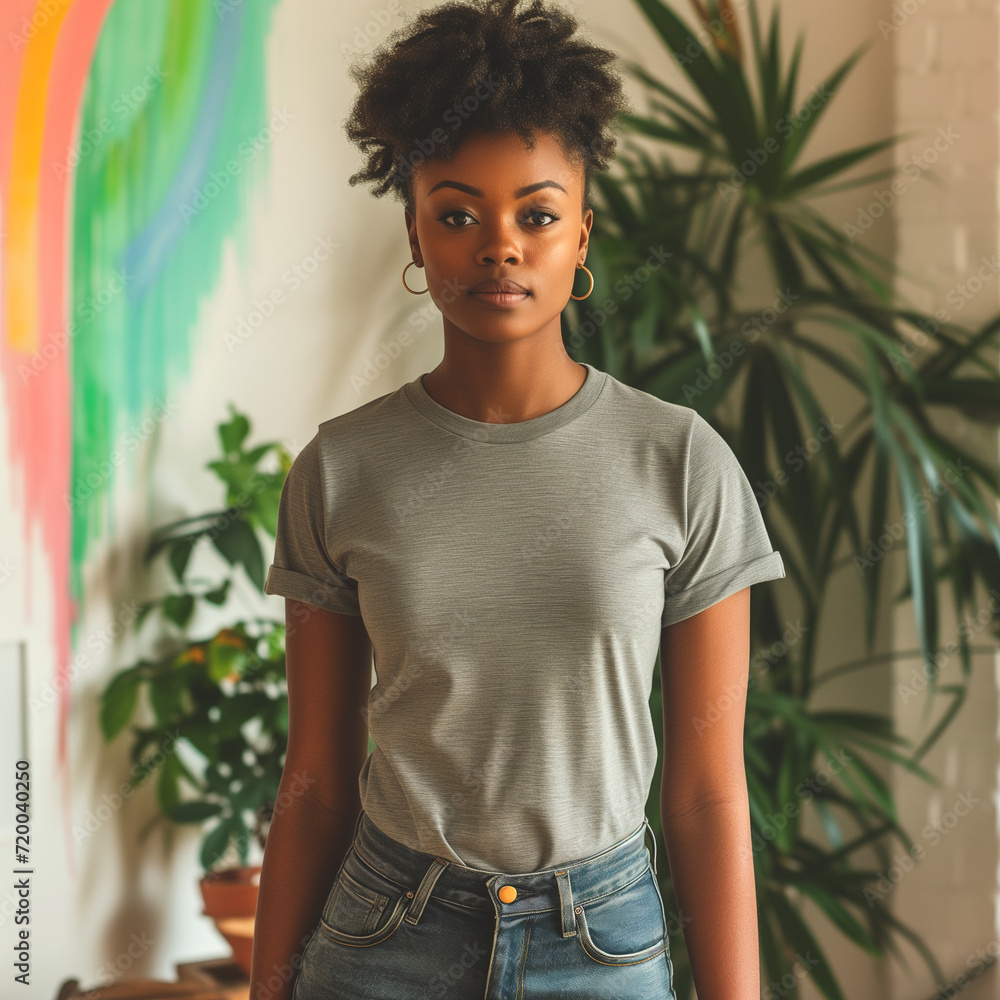 Grey T-shirt Mockup, Black Woman, Girl, Female, Model, Wearing an Grey Tee Shirt and Blue Jeans, Fitted Blank Shirt Template, Standing in a Room with Plants, Close-up View Grey T-shirt Mockup, Black Woman, Girl, Female, Model, Wearing an Grey Tee Shirt and Blue Jeans, Fitted Blank Shirt Template, Standing in a Room with Plants, Close-up View