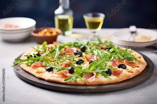 thincrust pizza with olives and arugula on a stone backdrop