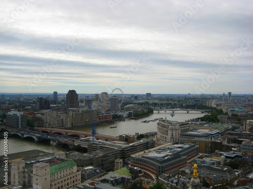 City view of London Eye, Big Ben and Thames River from top in London, UK