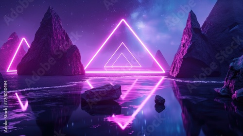 extraterrestrial landscape with neon triangular geometric frame background