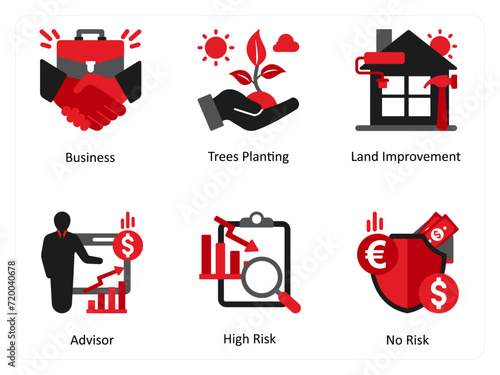 Six Business icons in red and black as business, trees planting, land improvement