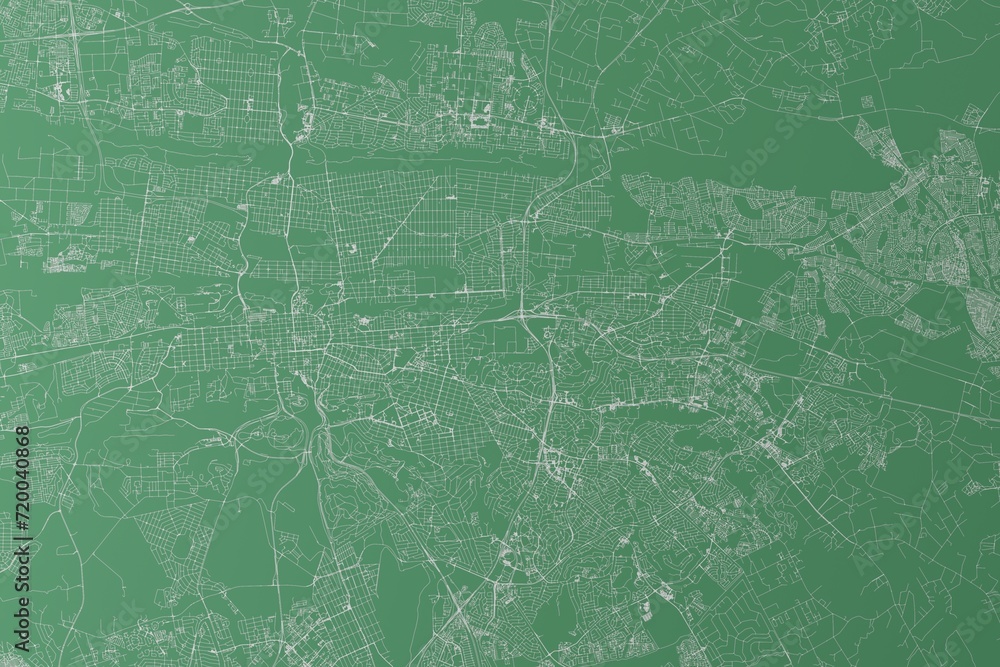Fototapeta premium Stylized map of the streets of Pretoria (South Africa) made with white lines on green background. Top view. 3d render, illustration