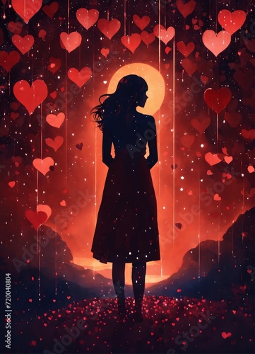 A garnet constallation background with a rain of hearts in front with the silhouette of a woman