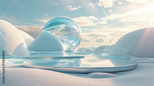 surreal landscape with round podium glass in the water and white sand