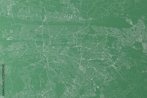 Stylized map of the streets of Pretoria (South Africa) made with white lines on green background. Top view. 3d render, illustration