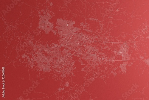 Map of the streets of Kabul (Afghanistan) made with white lines on red paper. Top view, rough background. 3d render, illustration