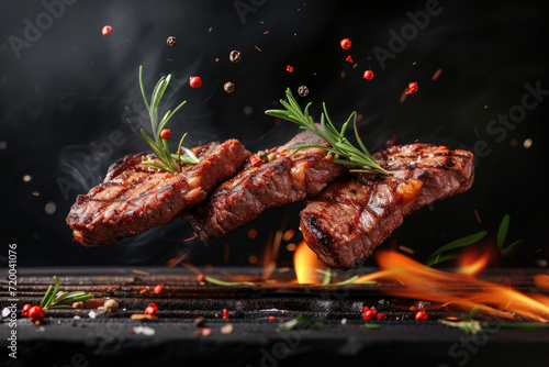 slices of freshly flame grilled steak flying on a dark background with rosemary and seasonings