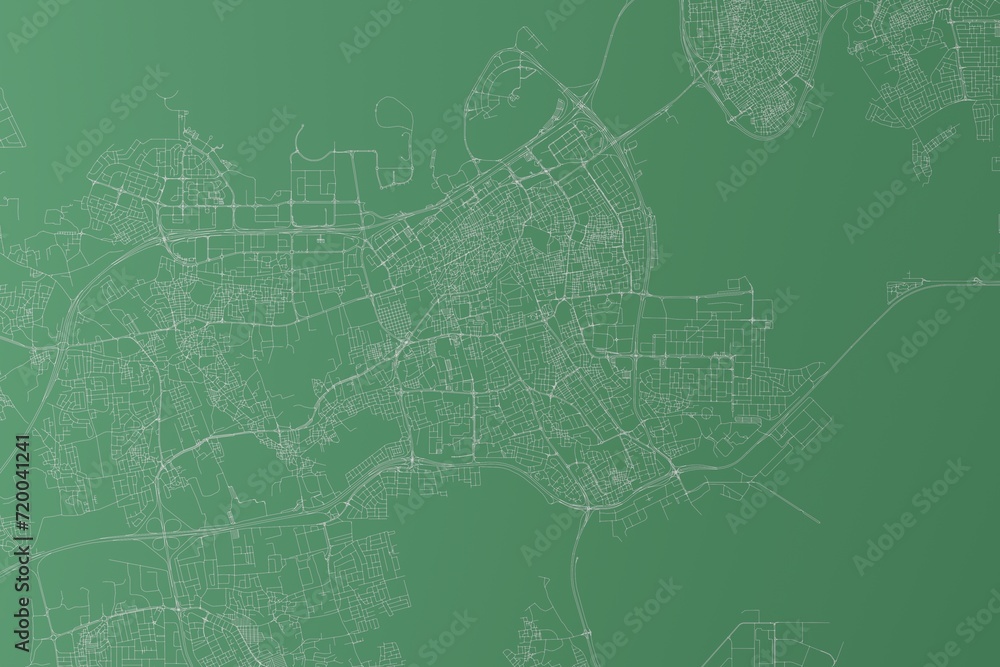 Stylized map of the streets of Manama (Bahrain) made with white lines on green background. Top view. 3d render, illustration