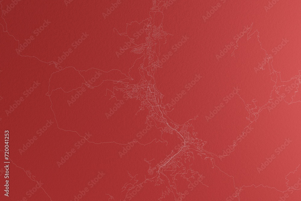 Map of the streets of Thimphu (Bhutan) made with white lines on red paper. Top view, rough background. 3d render, illustration