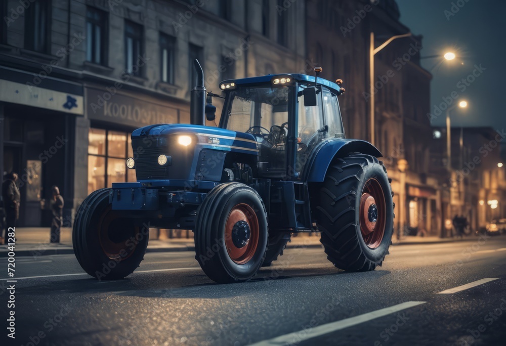 Blue tractor on the road with front loader up in the air buildings within background city Blue tractor on the road with front loader up in the air buildings within background city