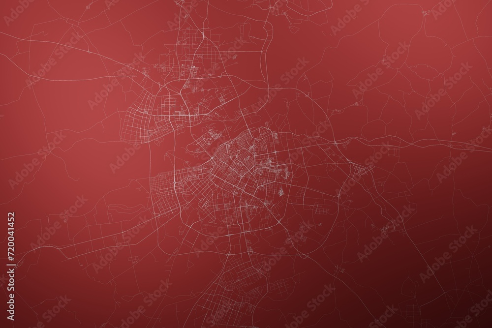 Map of the streets of Harbin (China) made with white lines on abstract red background lit by two lights. Top view. 3d render, illustration