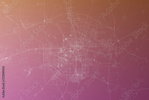 Map of the streets of Hefei (China) made with white lines on pinkish red gradient background. Top view. 3d render, illustration photo