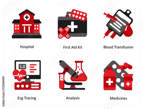 Six medical icons in red and black as hospital, first aid kit, blood transfusion