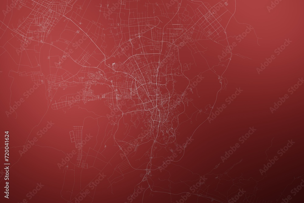 Map of the streets of Urumqi (China) made with white lines on abstract red background lit by two lights. Top view. 3d render, illustration