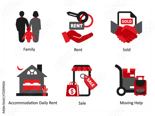 Six real estate icons in red and black as family, rent, sold
