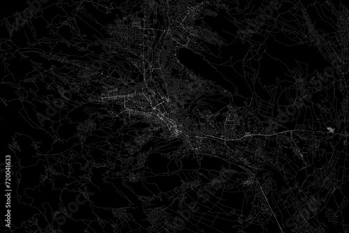 Stylized map of the streets of Tbilisi (Georgia) made with white lines on black background. Top view. 3d render, illustration