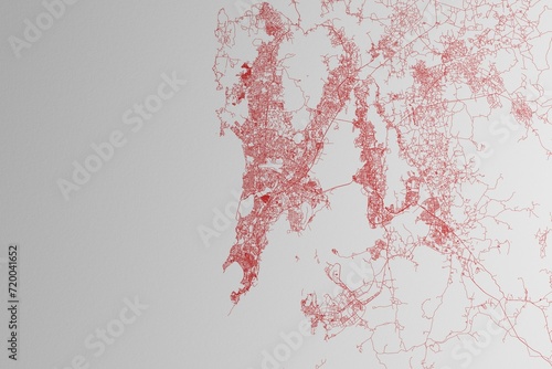 Map of the streets of Mumbai (India) made with red lines on white paper. 3d render, illustration photo